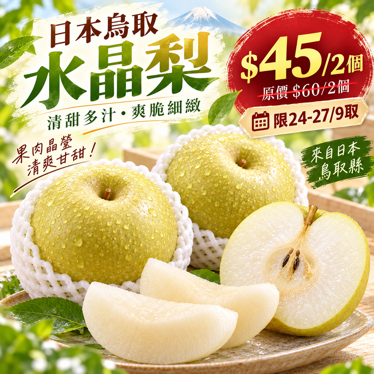 「限24-27/9自取 限時搶購」日本烏取二十世紀水晶梨 2個（散裝）