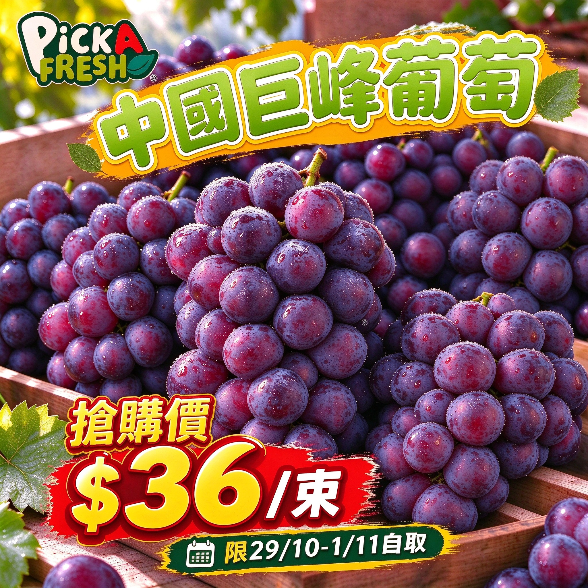 「限29/10-1/11自取 限時搶購」中國巨峰葡萄 1束