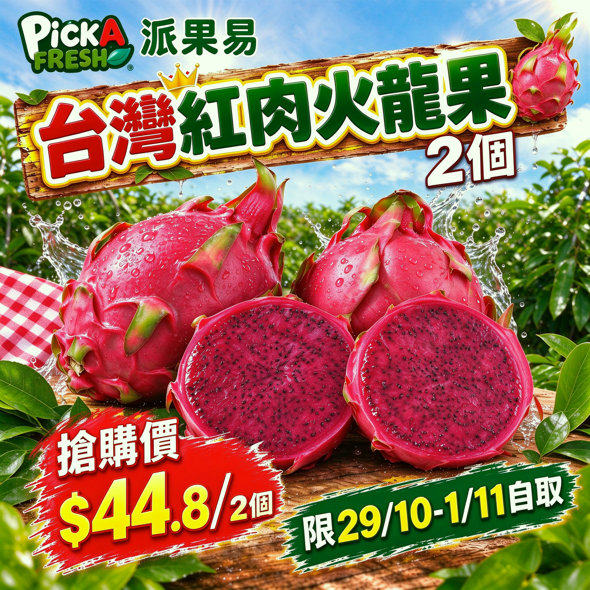 「限29/10-1/11自取 限時搶購」台灣紅肉火龍果 2個